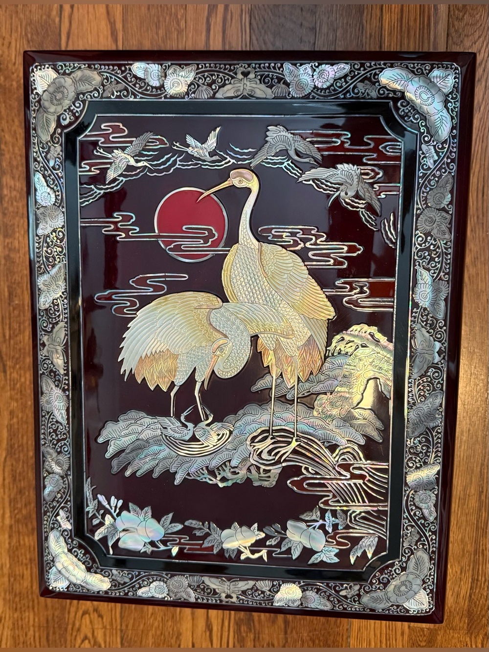 Korean Oxblood Lacquer Wood Mother of Pearl Crane Abalone Rectangular Box